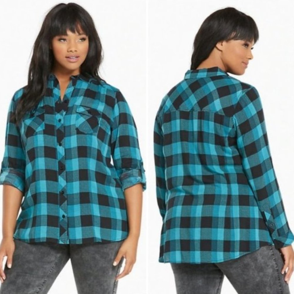Torrid Blue Teal Black Plaid Rayon Lightweight Camp Button Down Shirt EUC sz 2X